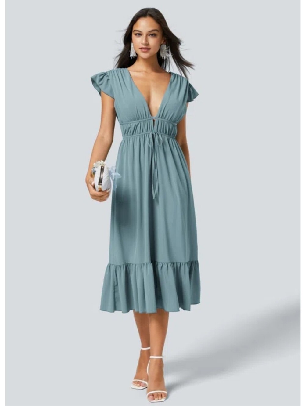 Halara Breezeful™ Deep V Neck Flutter Sleeve Pocket Ruffle Hem Midi Dress Medium